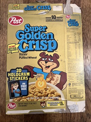 1991 Post Super Golden Crisp cereal box - 3D Hologram Sticker promo