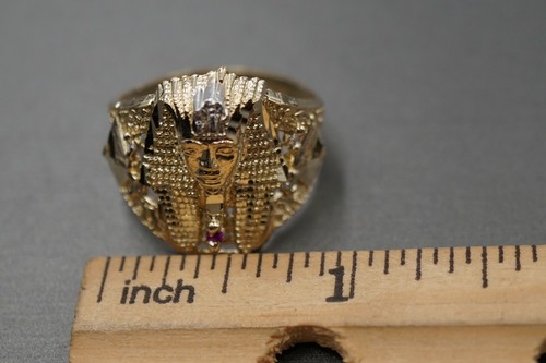 Anillo de banda de esfinge egipcio faraón de oro amarillo liso de 10 K con corte de diamantes. Talla 10,5 - Imagen 9 de 9