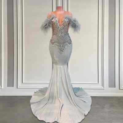 Sparkly Silver Long Prom Dress Girls Luxury Off-the-shoulder Prom Party  Gowns | eBay