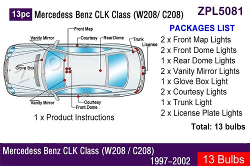 LED Interior Light Kit + License Plate Light Bulbs for Mercedes CLK Class W208 - Picture 2 of 9