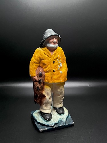 Antique Hubley Iron Maine Fisherman Doorstop Bookend 'Old Salt w/Net' 1920's 6"