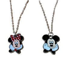 Mickey And Minnie Mouse Faces Enamel Metal Pendant Necklace Set of 2
