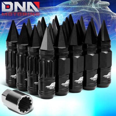 J2 ENGINEERING BLACK 16PC M12X1.25 80MM 7075-T6 ALUMINUM SPIKY CAP LUG NUT+4LOCK