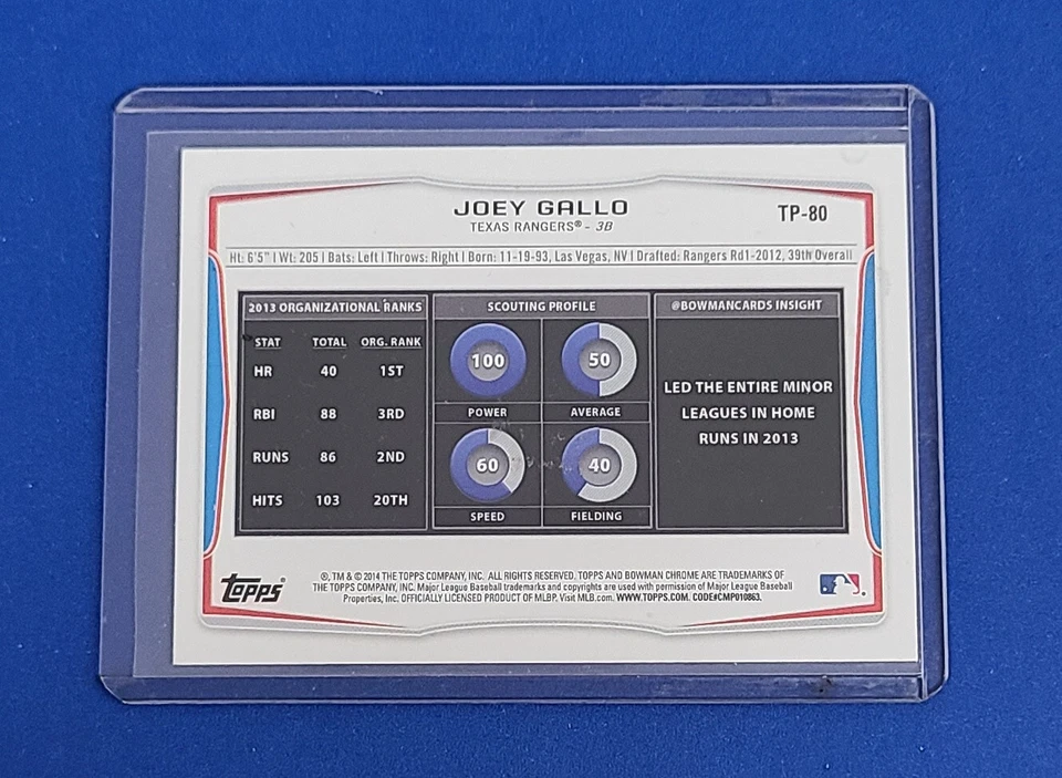 2014 Bowman Draft Top Prospects #TP-80 Joey Gallo Texas Rangers Baseball Card  T - Image 4 of 4