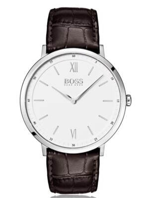 BOSS STAINLESS-STEEL WHITE-DIAL WATCH WITH EMBOSSED LEATHER STRAP