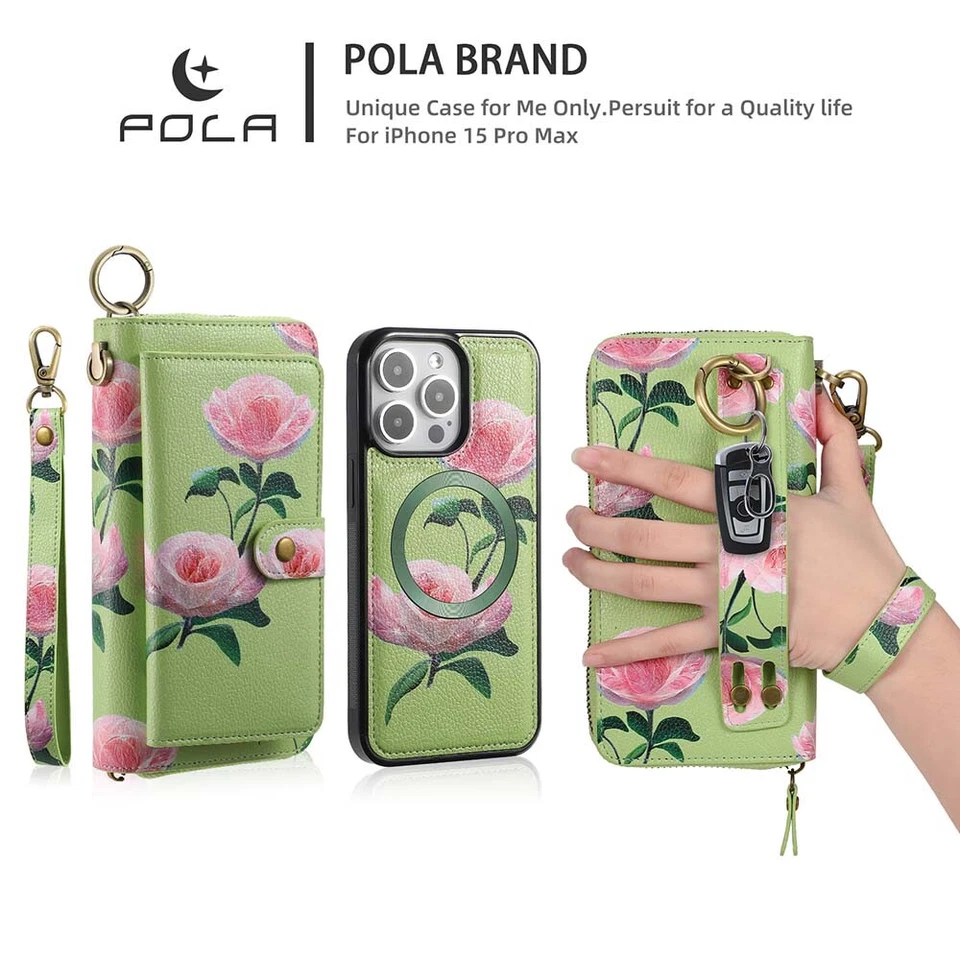 Floral Handbag Wallet Removable Magnetic Cover For iPhone 15 Pro Max XR X/XS 7/8 - Image 4 of 4