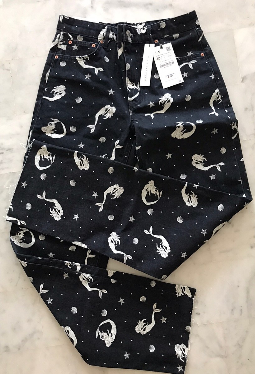 Pantalon Jean Noir Large ZARA Taille 40, Motif Sirènes Et Coquillages - Neuf Avec étiquettes