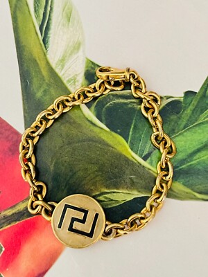 GIANNI VERSACE Vintage Iconic Greca Black Logo Circle Charm Chain Bracelet, Gold