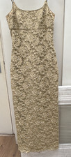 JOSEPH RIBKOFF Gold Sleeveless Dress with Green Beaded Straps.  Size 8.