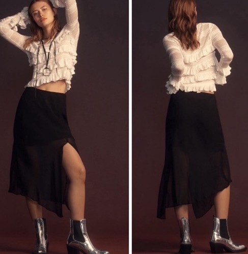 Anthropologie High Slit Sheer Midi Skirt S NWT Black Elastic Waist Flowy Solid