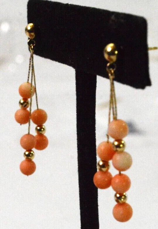 14k Gold 12 Stone Coral Drop Dangle Earrings 14k Gold Posts - Image 4 of 4
