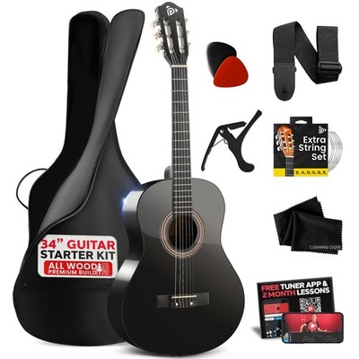 Acoustic Guitar 1/2 Junior Size Nylon String Beginner Kit 34 Black Gloss Pyle