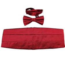 Mens Red 100 Silk Cummerbund and Bow Tie Set Ribbed Textured Made in USA READ