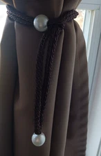 SET OF 2 PEARL CURTAIN TIE BACKS BROWN HOLDER BUCKLE SLIDE ROPE STRAP BRAND NEW