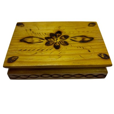 Vintage Handcrafted Wood Burned Floral Trinket Box Red Velvet Lined Jewelry Box