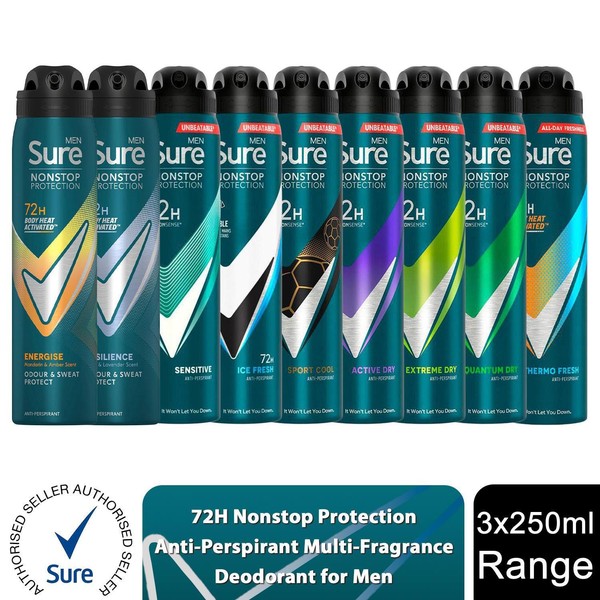 Desodorante antitranspirante Sure Men 72H protección sin parar, paquete de 3 250 ml