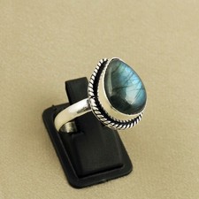 06 OCt- Natural Labradorite Sterling Silver Plated Handmade Ring-10MM Adjustable