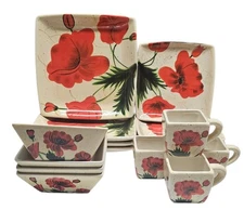 Red Poppy Square Tableware Set Of 16 Service 4 Rustic Floral Farmhouse Ceramic 