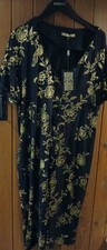 Biba Black & Gold Foil Pretty Floral  & Bird Party Pencil Dress Size 18 -  NWT 