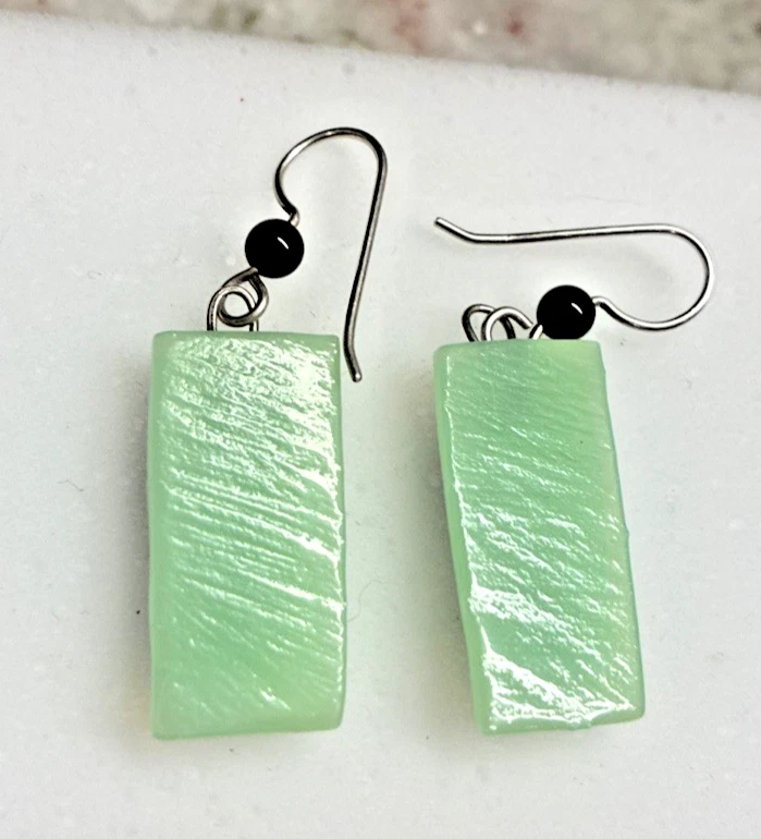 Adajio Earrings Light Blue Green Column Hematite Landscape Overlay Handmade USA - Image 4 of 4