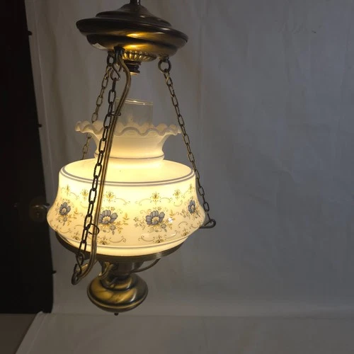 Vintage Quoizel Abigail Adams Hanging Library Lamp Blue Floral Milk Glass