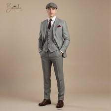 Men's 3 piece grey tweed suit vintage Peaky Blinder wool tailored wedding Outfit