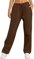 Women's Comfort Casual Mid Waist Pocketed Straight Leg Trousers Elastic Adjustab