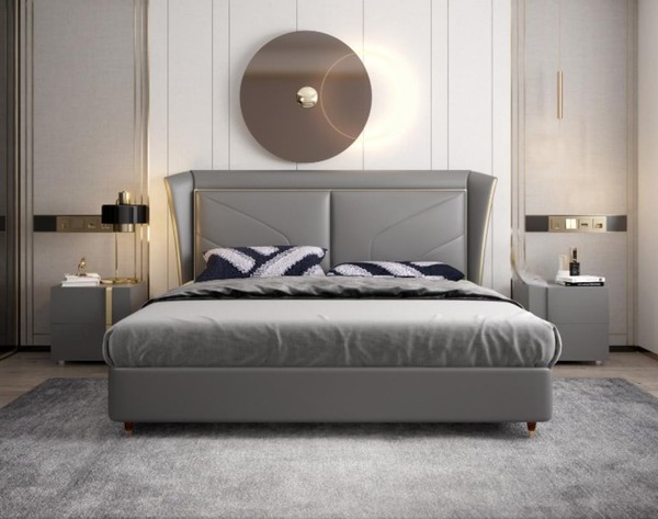 Graues Schlafzimmer Doppelbett Designer Betten Holzgestell Lederbetten-image