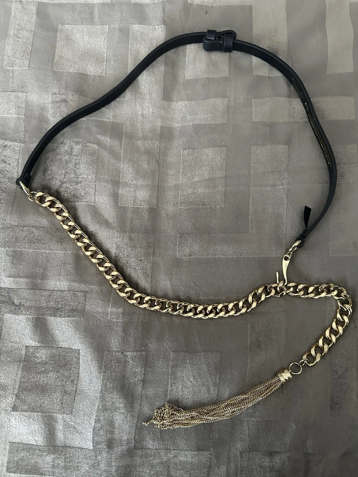 Express Belt Womens Small/Medium Black Gold Chain Tassel Leather ID#13330 - Image 2 of 4