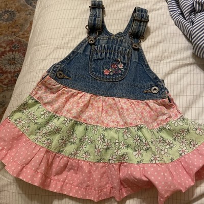 Oshkosh B'gosh Vestbak Denim Floral Ruffle Tiered Jumper Dress Girls 12 Month