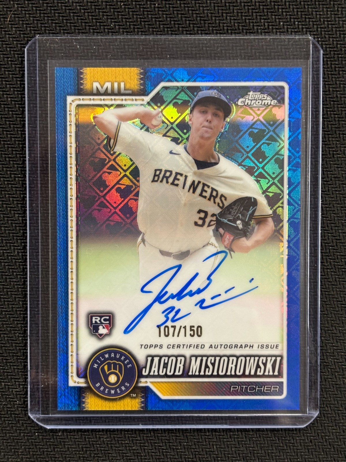 2026 TOPPS CHROME LOGOFRACTOR Jacob Misiorowski AUTO ROOKIE BLUE #/150 BREWERS