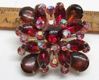 VINTAGE Red Pink Amber Glass Diamond RHINESTONE Gold tone Brooch