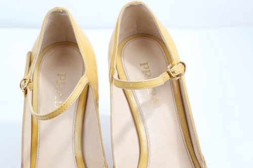 PRADA Beige Patent Leather Peep Toe Buckle Strap Heels Size 36.5 - Picture 12 of 16