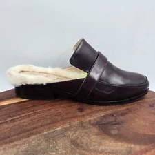 Raye Mule Shoes Women's 8 Burgundy Patent Leather Faux Fur Venetian Loafer Flats