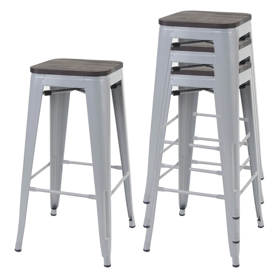 4er-Set Barhocker HWC-A73, Barstuhl, Holz-Sitzfläche Metall Industrial stapelbar