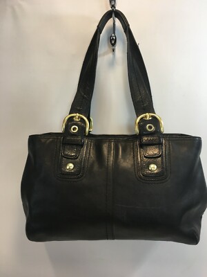 COACH Leather Satchel Bag Black Top Zip Brass Buckles A0869