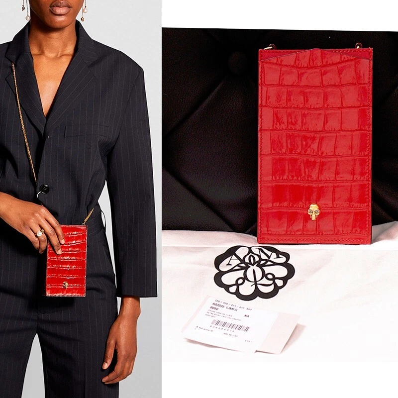 Alexander McQueen — NEW $590 ALEXANDER MCQUEEN Red MINI SKULL Croc Embossed Leather PHONE CASE BAG