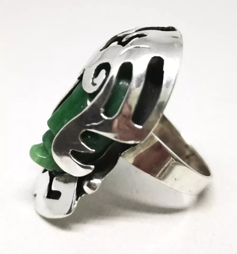 Vtg Mexican Mayan Warrior Carved Jade 925 Sterling Silver Ring Sz O½ Adjustable - Picture 4 of 12