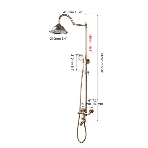 Goldenes Badezimmer 8" Regenduschsystem Kopf verstellbarer Schlauch Handspray Set - Bild 3 von 10