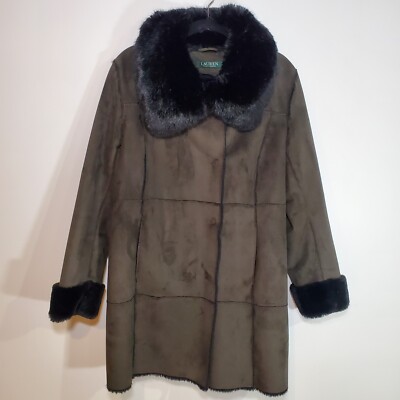 $360 Ralph Lauren Green Black Faux-Fur-Trim Faux-Shearling