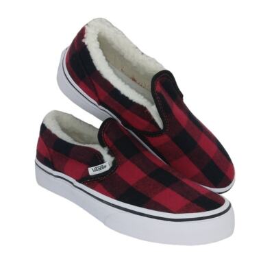VANS Classic Slip-on Kids NEW w/Tags Red/Black Plaid Sherpa
