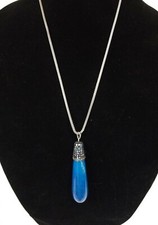 24" SILVER TONE CHAIN+ROYAL BLUE AGATE STONE+GEMSTONE MOSAIC PENDANT,NECKLACE 