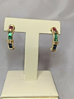 ESTATE 18K YELLOW GOLD MULTI GEM EARRINGS-SAPPHIRES,RUBIES, & EMERALDS - Image 1 of 4