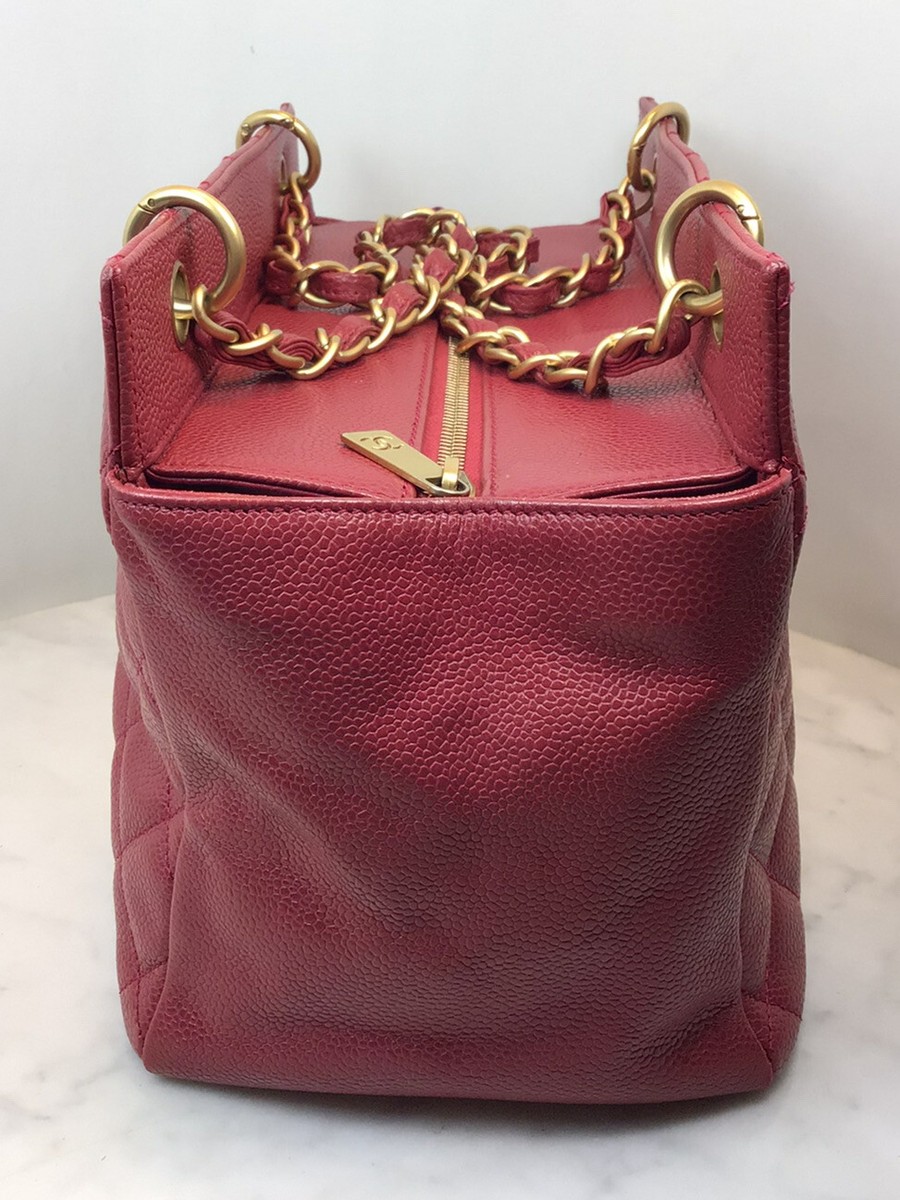 Vintage Chanel extra large red CC caviar leather tote bag