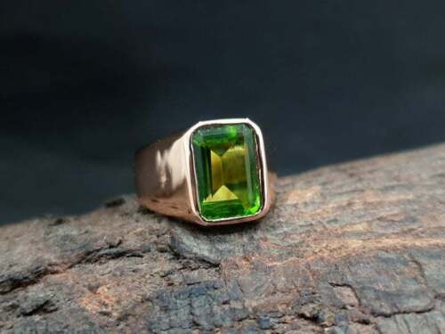 Solid 925 Sterling silver Yellow Gold Fill Stone Green Peridot Quartz Mens Ring - Picture 2 of 3