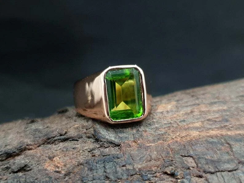 Anillo de cuarzo de peridoto verde piedra de relleno de oro amarillo de plata esterlina 925 maciza para hombre  Foto 2 de 3