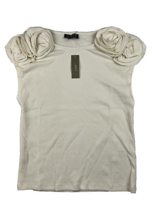 J Crew T Shirt Womens Medium Vintage Ribbed Rosette Tee Ivory Cotton Stretch