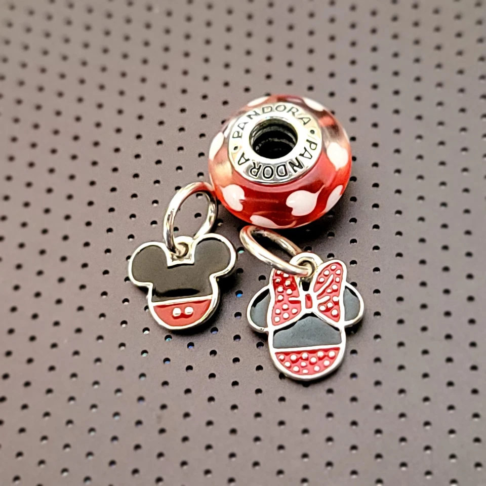Juego De 3 Nuevos Auténticos Pandora Minnie y Mickey Cuelgan + Corazones Rojos Dijes de Murano Foto 4 de 4