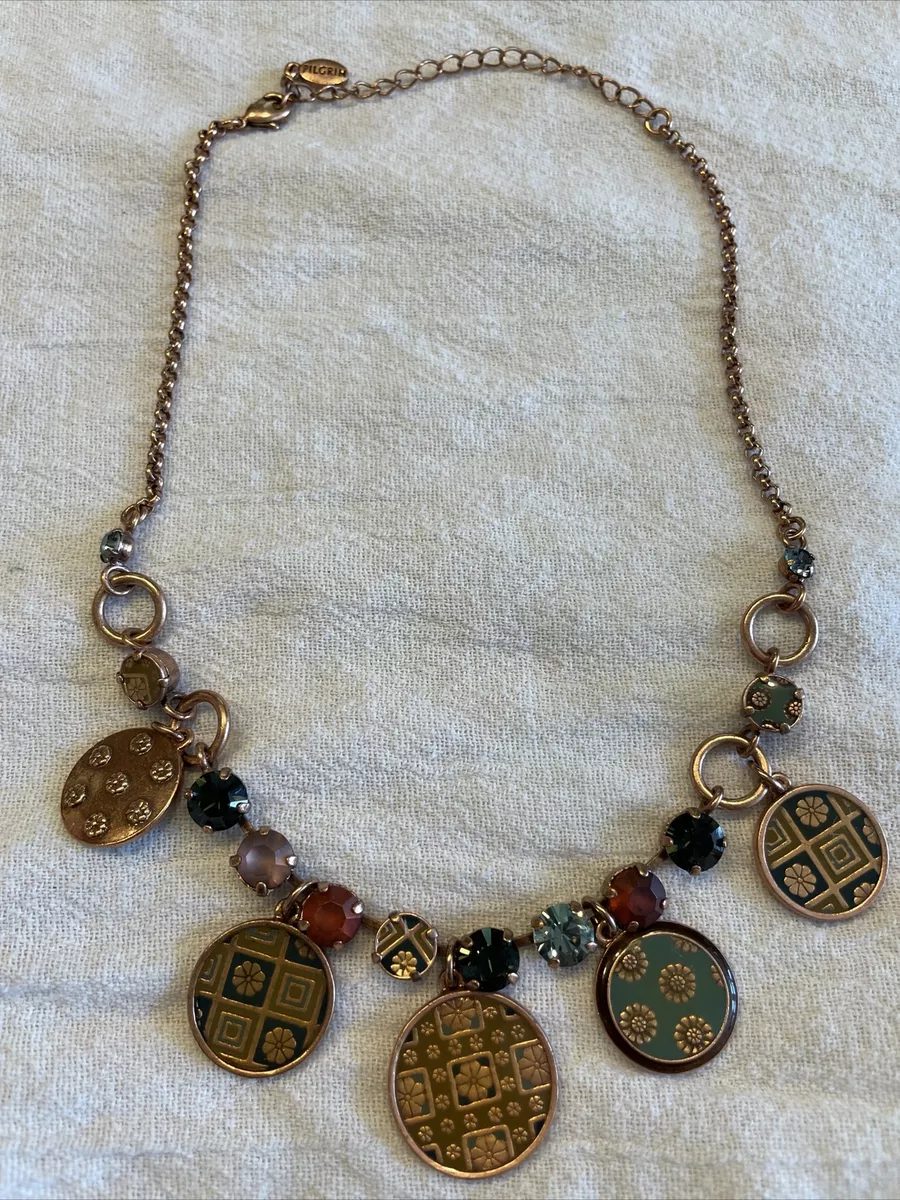 Pilgrim Danish Design Denmark Copper Enamel Necklace W Rhinestones