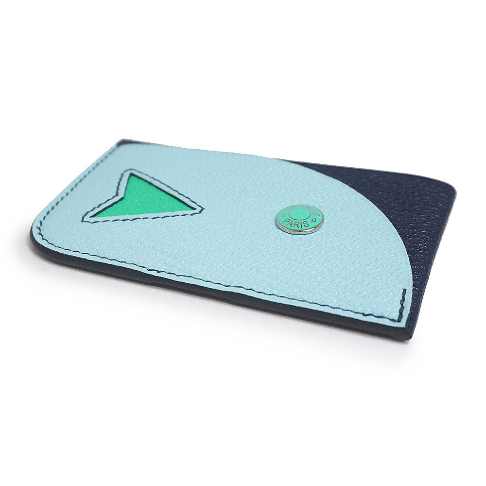 HERMES Poisson Card Holder Mysore goatskin Bleu Navy & Bleu